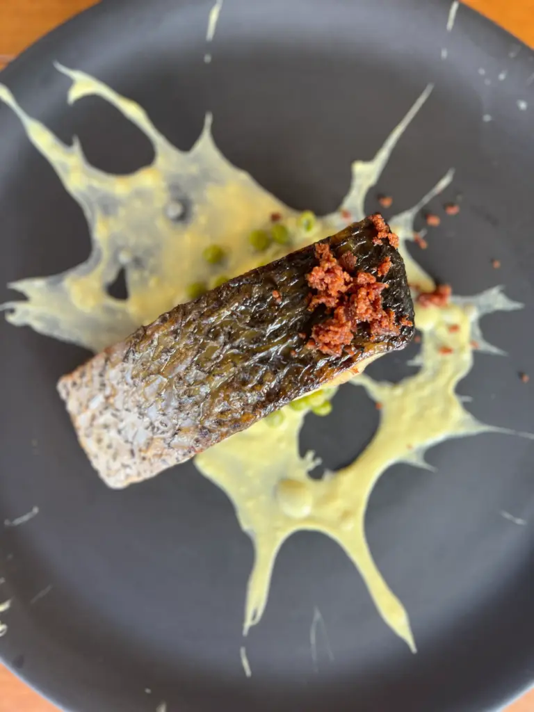 Corvina en crema en azafran y guisantes con virutas de jamon iberico