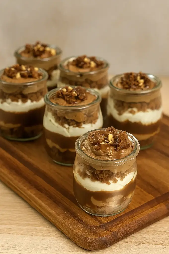 Tarrito de triple tarta de bizcocho, mousse de chocolate y caramelo de café XS