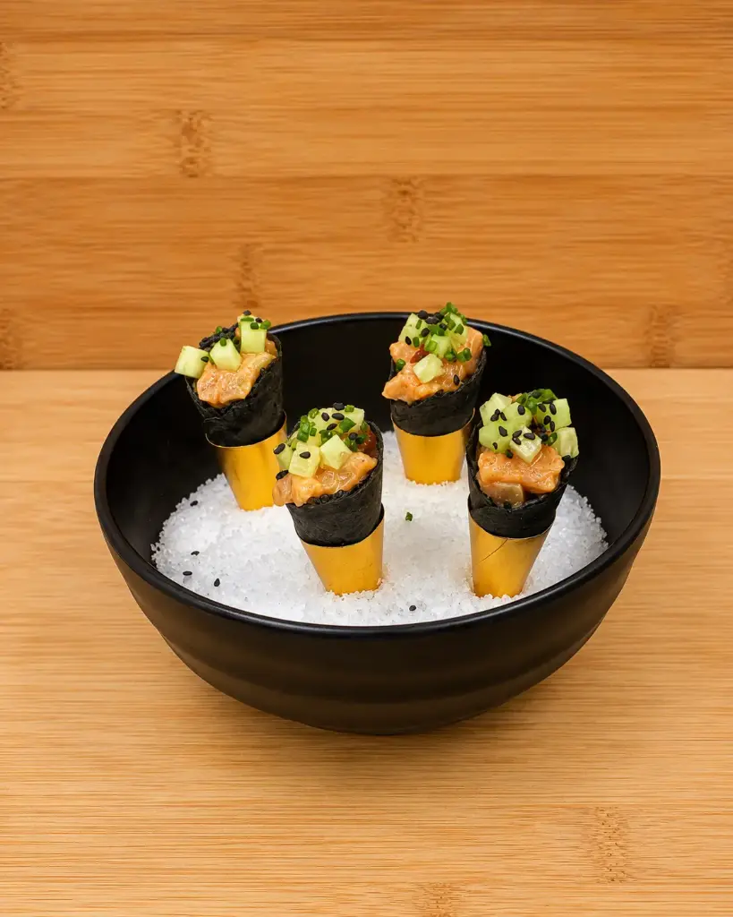 Salmón cítrico y picante sobre cucurucho de sésamo negro