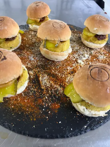 [Cat] Hamburguesa de lentejas rojas, pepino holandés, tomate seco y salsa tartara XS
